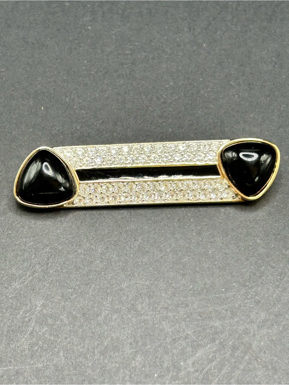 VTG‎ DSCo Swarovski Gold Tone Crystal Black Onyx Enamel Bar Brooch Pin